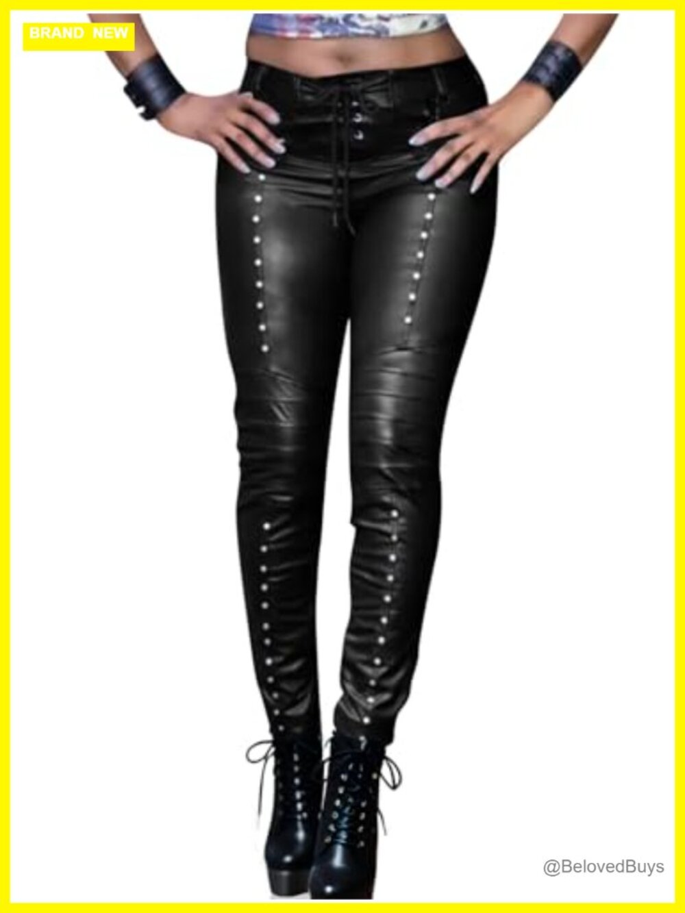 Gothic Punk Faux Leather Leggings Skinny Mid Rise Studded Moto Pants
